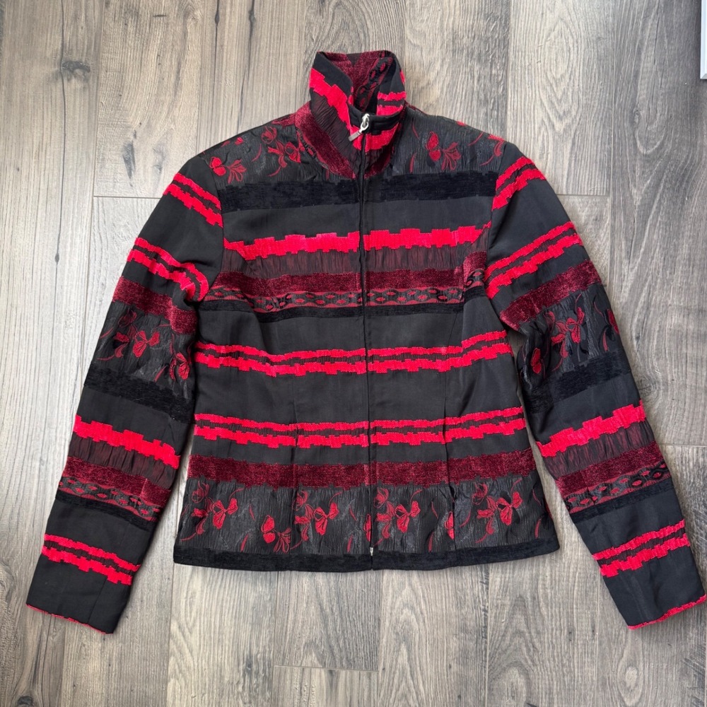 Multiples Black‎ Red Striped Embroidered Jacket Size S P
